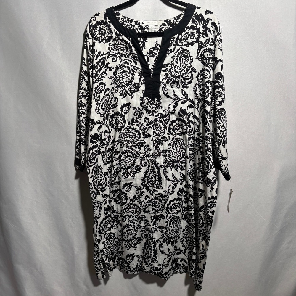Charter Club Intimates XL Black White Paisley Floral Cotton Zip Dress Lounge NWT
